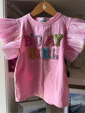 Lola + The Boys Pink B’Day Girl Sequin Letter Tee with Multicolor Gems